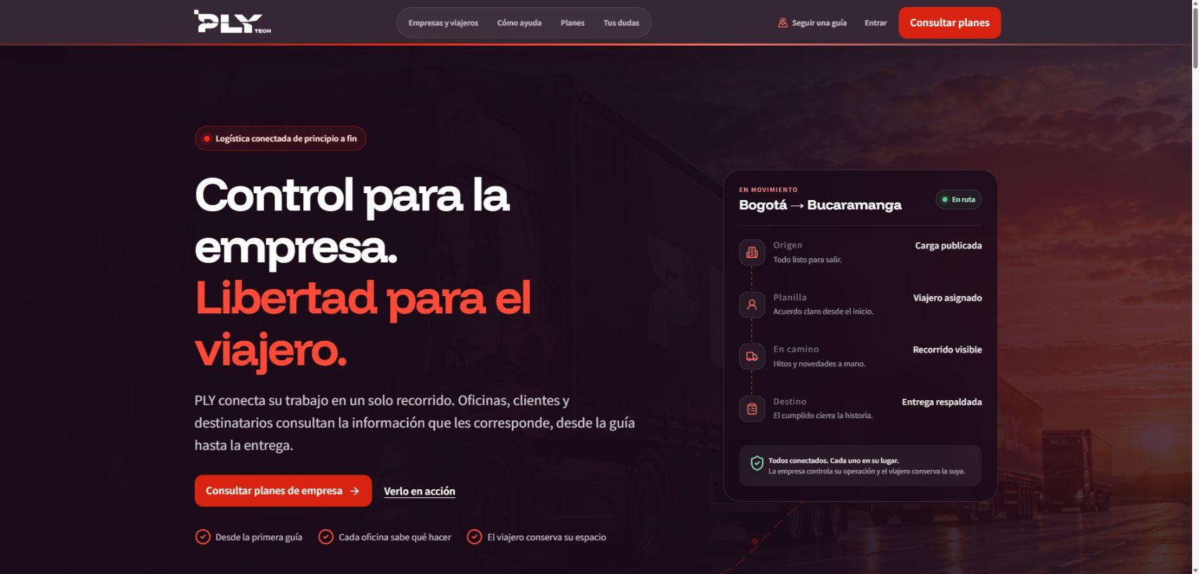 Página pública de PLY, plataforma SaaS logística.